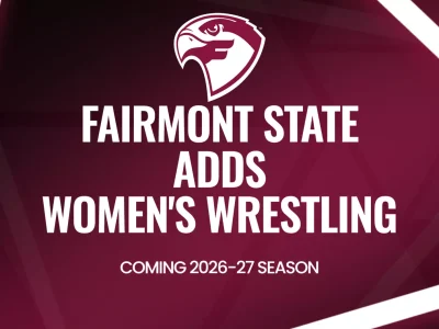 Maroon background with Fairmont State University logo and an announcement for women's wrestling.