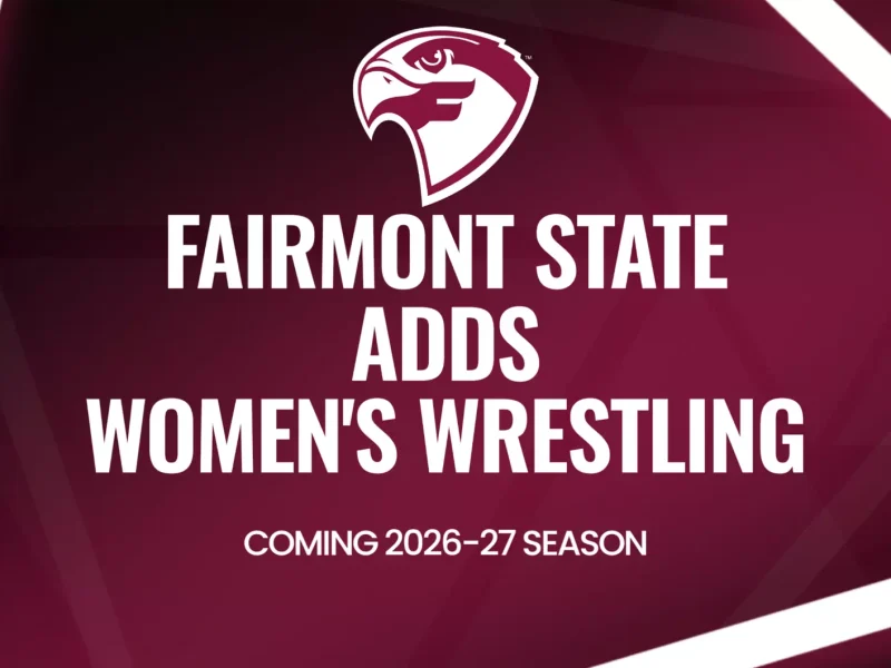 Maroon background with Fairmont State University logo and an announcement for women's wrestling.